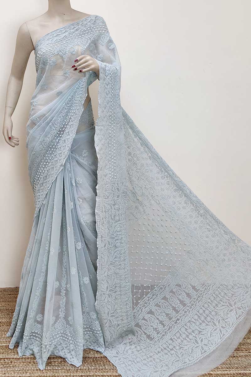 Grey color Designer Hand Embroidered Lucknowi Chikankari Saree (With Blouse - Georgette) MC252963