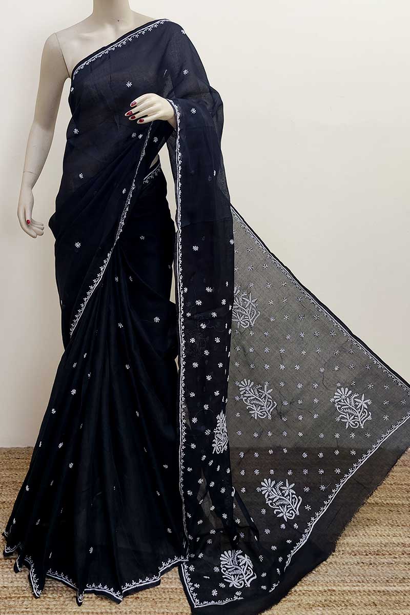 Black Color Hand Embroidered Cotton Lucknowi Chikankari Saree (with Blouse) Mc253004