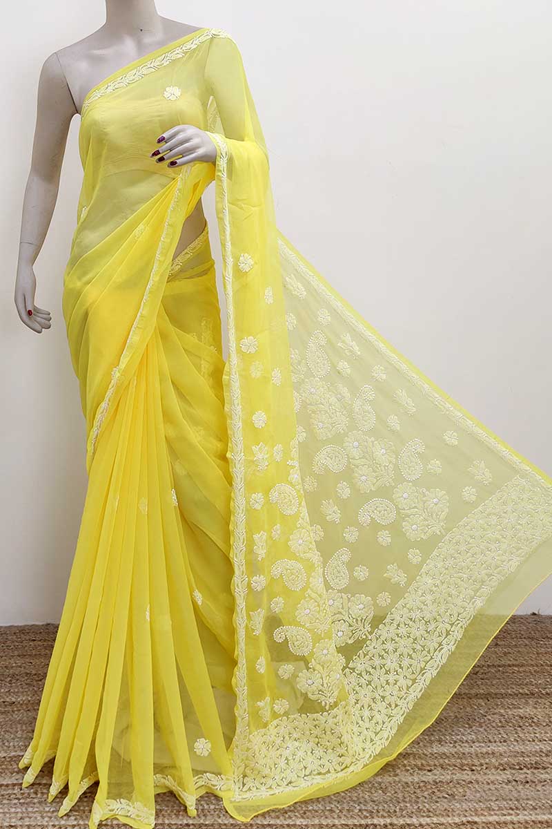 Yellow Colour Designer Hand Embroidered Georgette Lucknowi Chikankari (saree With Blouse) Mc253005