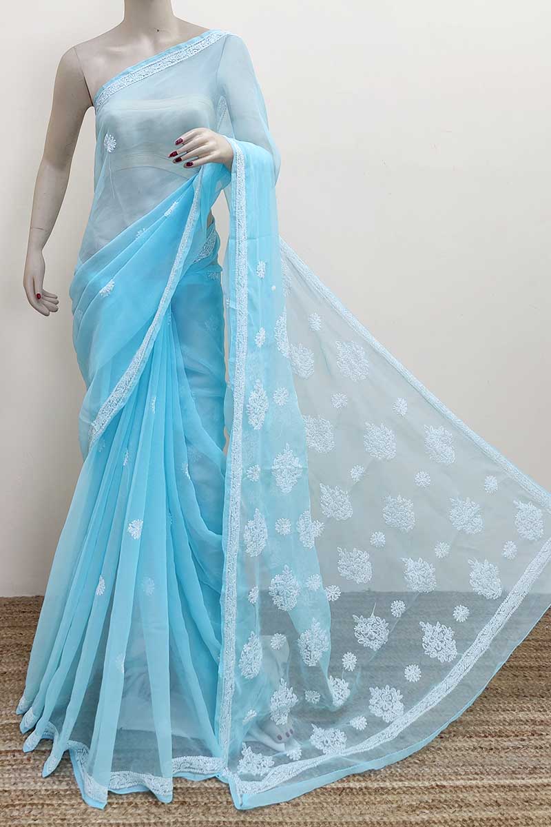 Blue colour Designer Hand Embroidered Georgette Lucknowi Chikankari (Saree with Blouse) MC253006