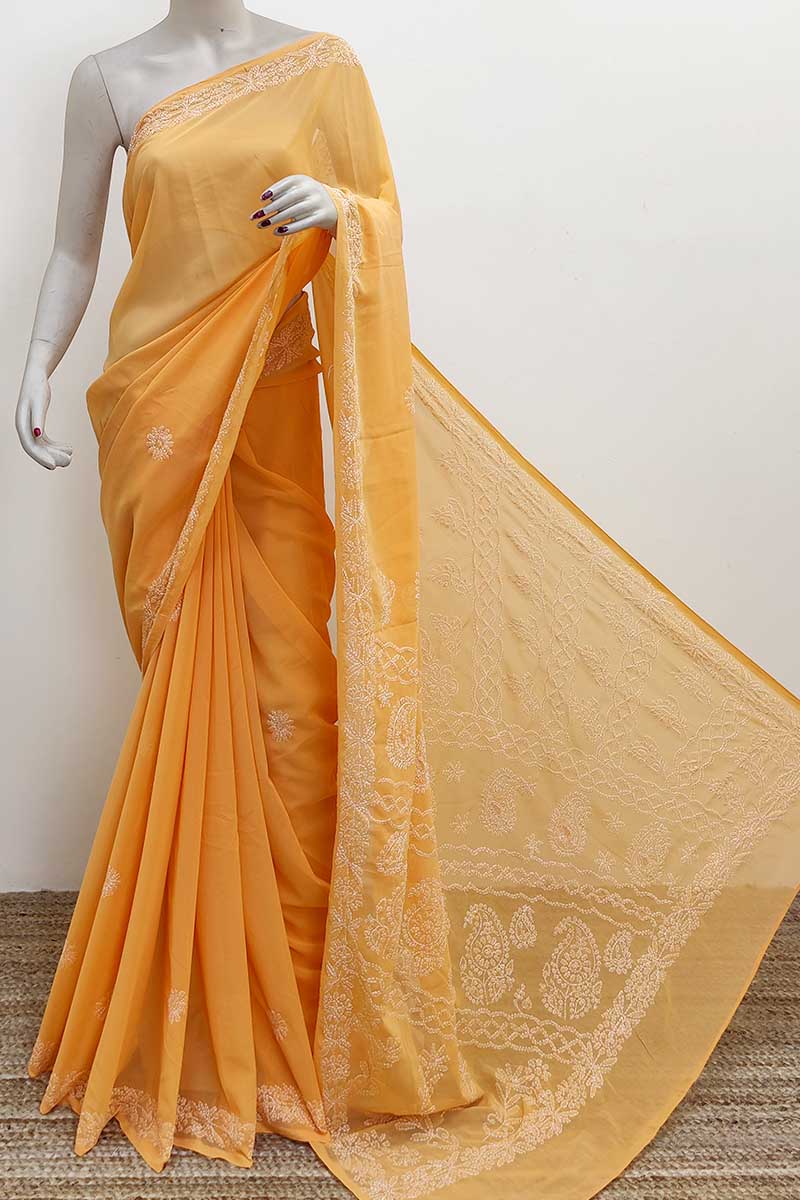 Orange Colour Designer Hand Embroidered Georgette Lucknowi Chikankari (saree With Blouse) Mc253007