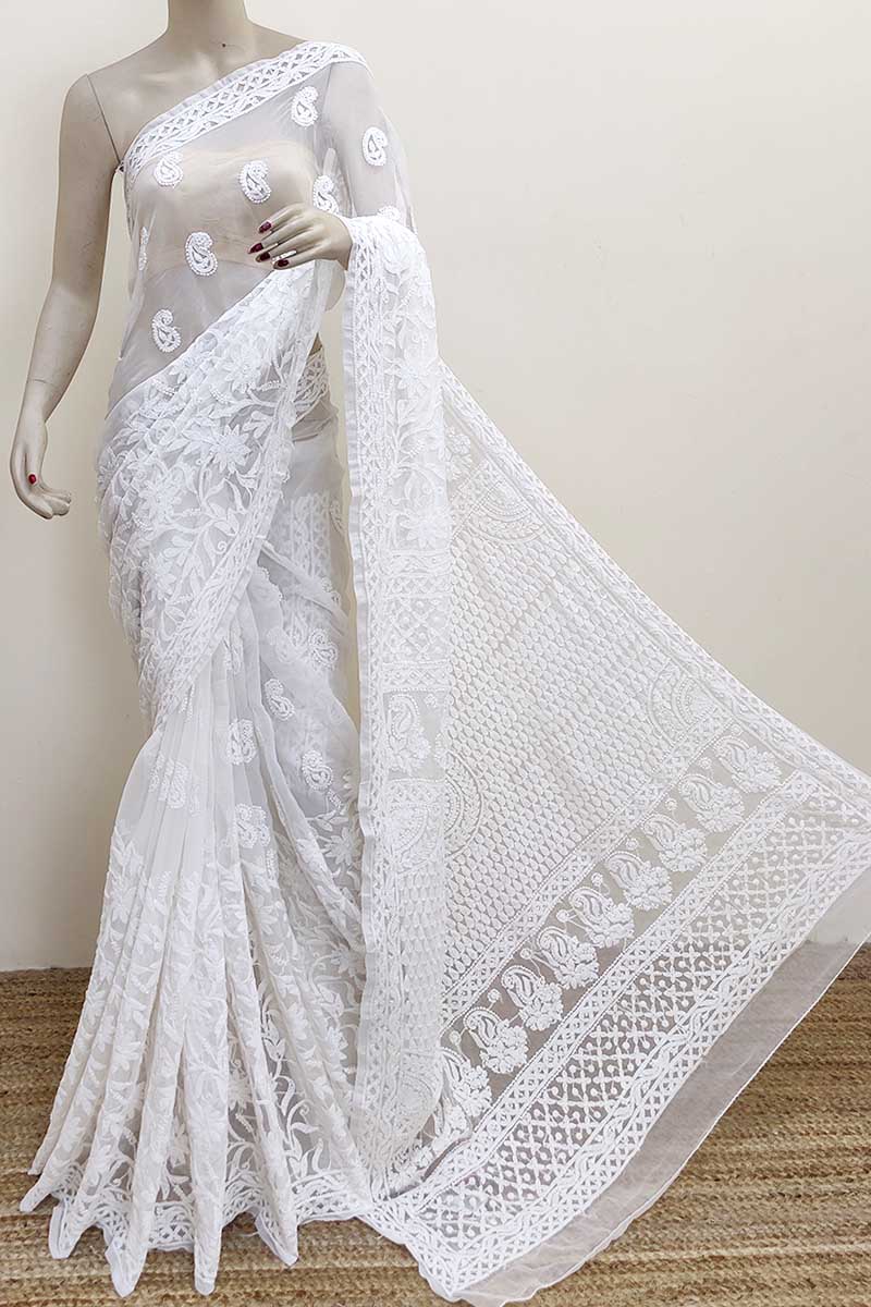 White Color Designer Hand Embroidered Lucknowi Chikankari Saree (with Blouse - Georgette) Mc253008