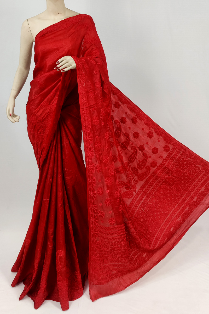 Red Colour Tussur Silk Lucknowi Chikankari Saree With Blouse Mc253065