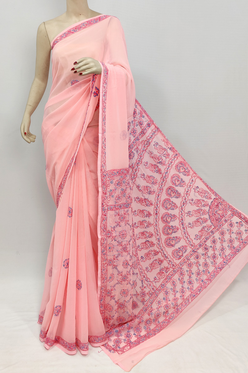 Peach Colour Georgette Chikankari Saree With Blouse Mc253069