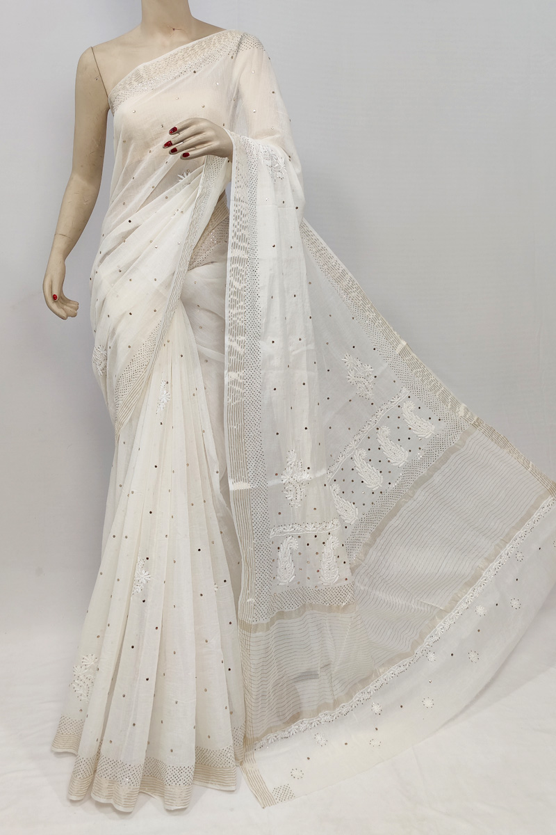 White Colour Dyeable Chanderi Silk Chikankari Saree With Blouse With Mukaish Work Mc253071