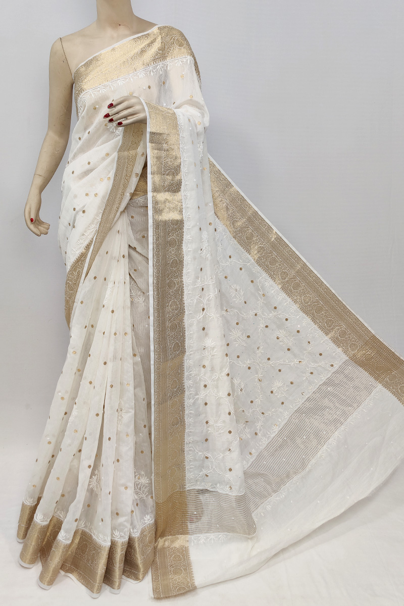 White Colour Dyeable Zari Border Chanderi Silk Chikankari Saree With Blouse With Mukaish Work Mc253072