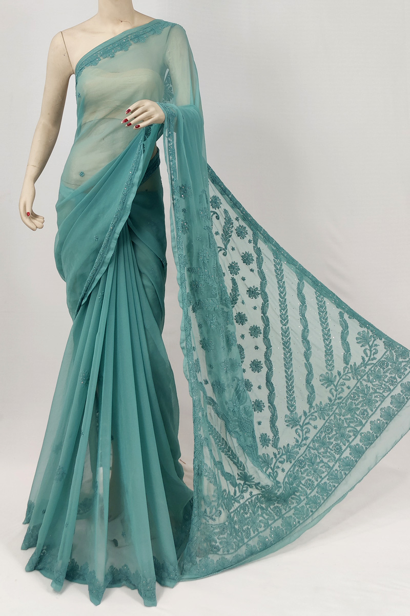 Turquoise Blue Colour Georgette Lucknowi Chikankari Saree With Blouse Mc253073