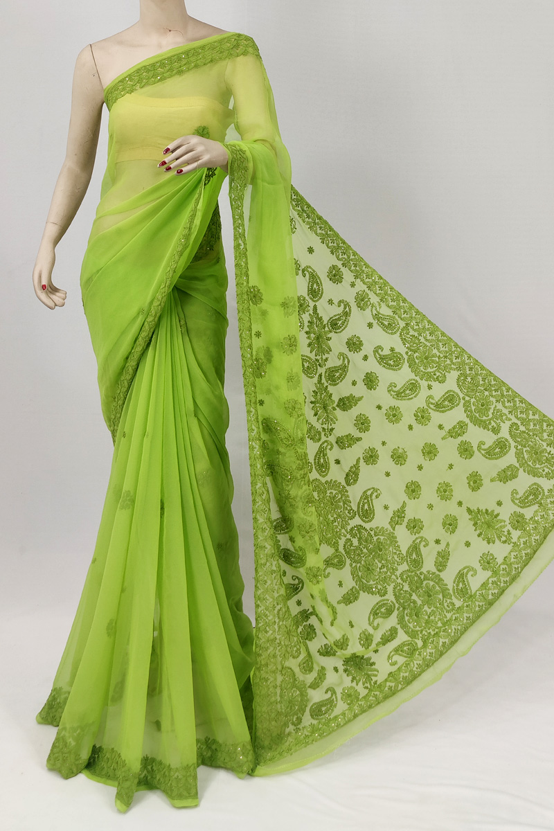 Green Blue Colour Georgette Lucknowi Chikankari Saree With Blouse Mc253074