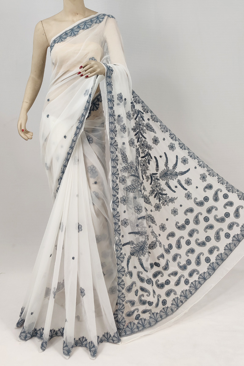 White Colour Georgette Lucknowi Chikankari Saree With Blouse Mc253075