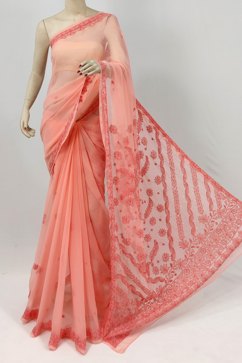 Light Orange Colour Georgette Lucknowi Chikankari Saree With Blouse Mc253076