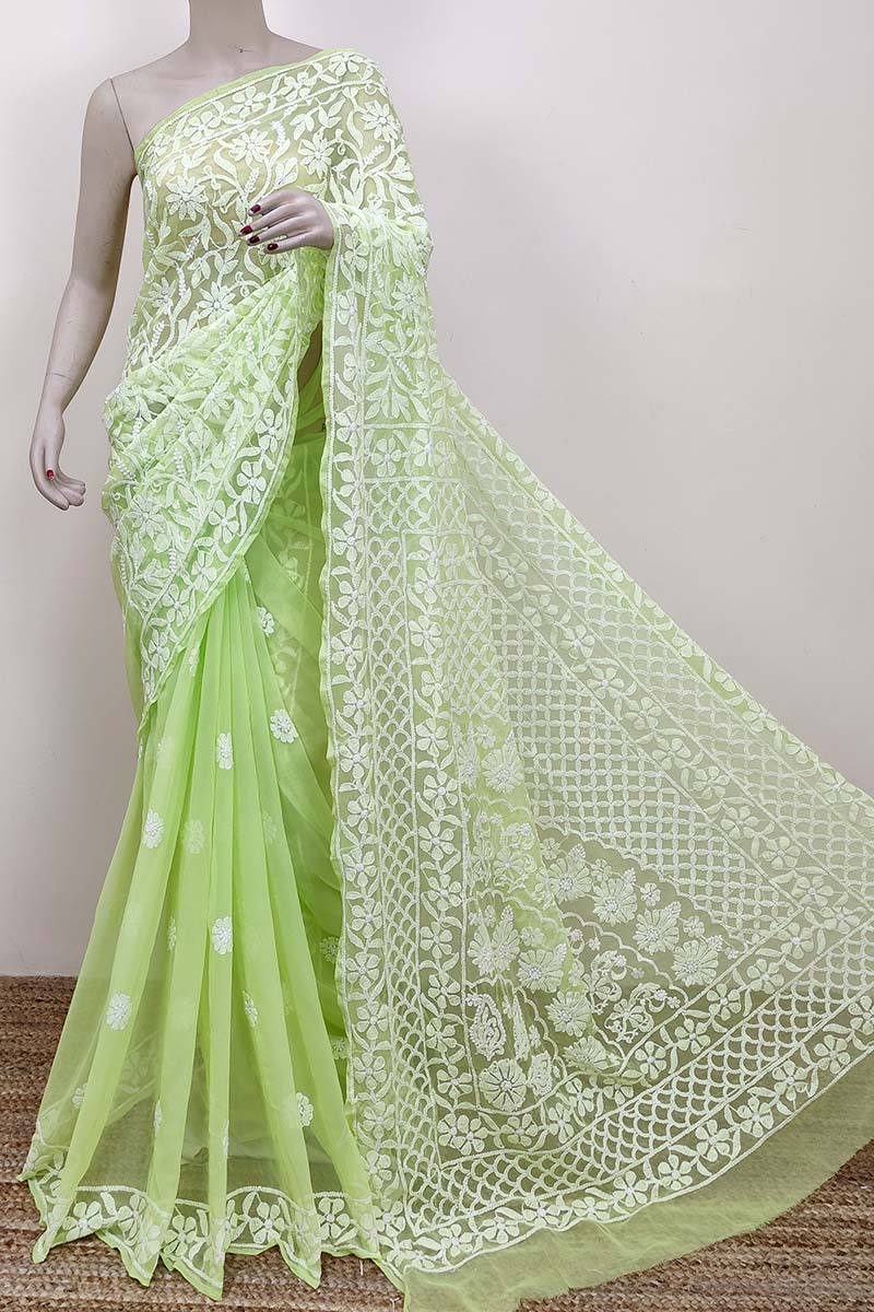 Buy Green Color Half jaal Work Hand Embroidered Lucknowi Chikankari Saree  (With Blouse) MC252544