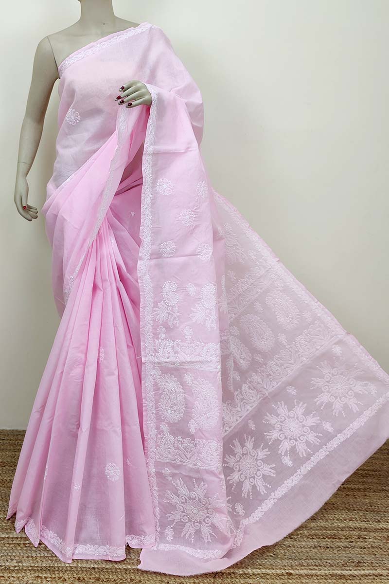 Pink Color Hand Embroidered Lucknowi Chikankari Saree (with Blouse - Cotton) Mc252542