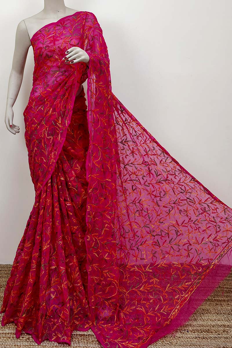 Pink Color Allover Multithread Tepchi Work Hand Embroidered Lucknowi Chikankari Saree (With Blouse) MC252543