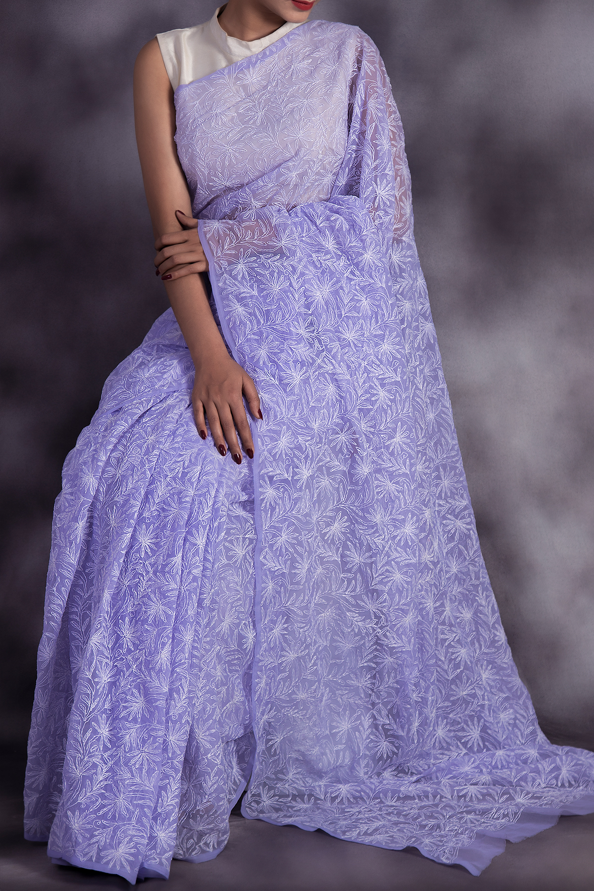 Lavender Georgette Mirror Work Saree | Leemboodi