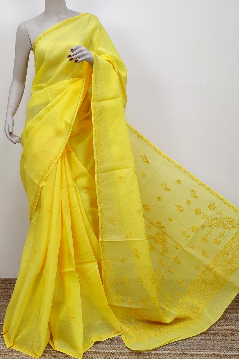 Yellow Colour Cotton Lucknowi Chikankari (saree With Blouse) Mc252617