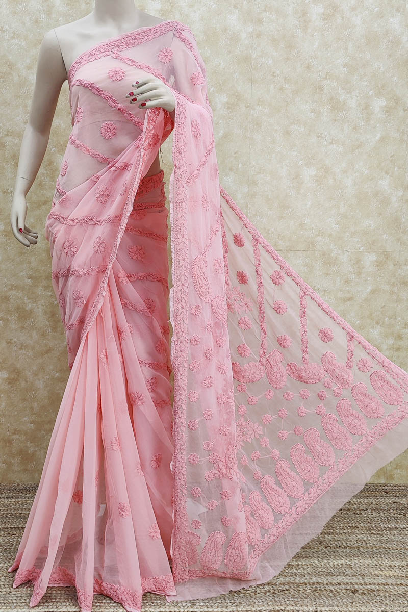 Buy Pink Saree Georgette Embroidery Sequin Paisley Chikankari For Women by  Iktaar by Meena Online at Aza Fashions.