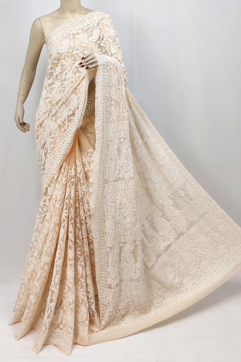 Peach Color Georgette Allover Lucknowi Chikankari Saree With Blouse Mc253255
