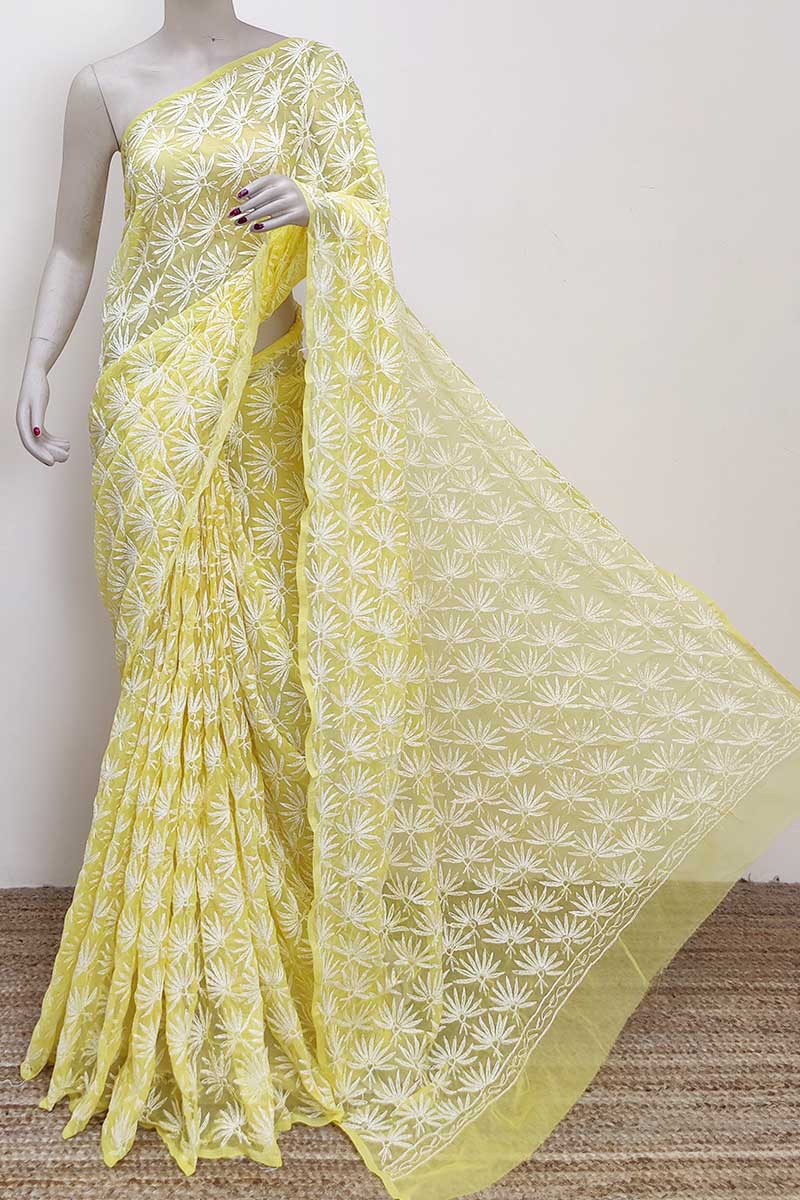 Yellow colour Designer Hand Embroidered Georgette Lucknowi Chikankari (Saree with Blouse) MC253009