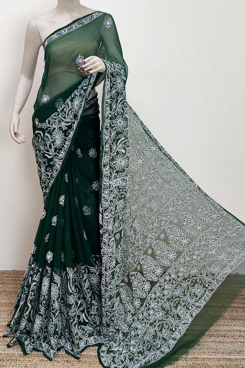 Dark Green colour Designer Hand Embroidered Georgette Lucknowi Chikankari (Saree with Blouse) MC253010