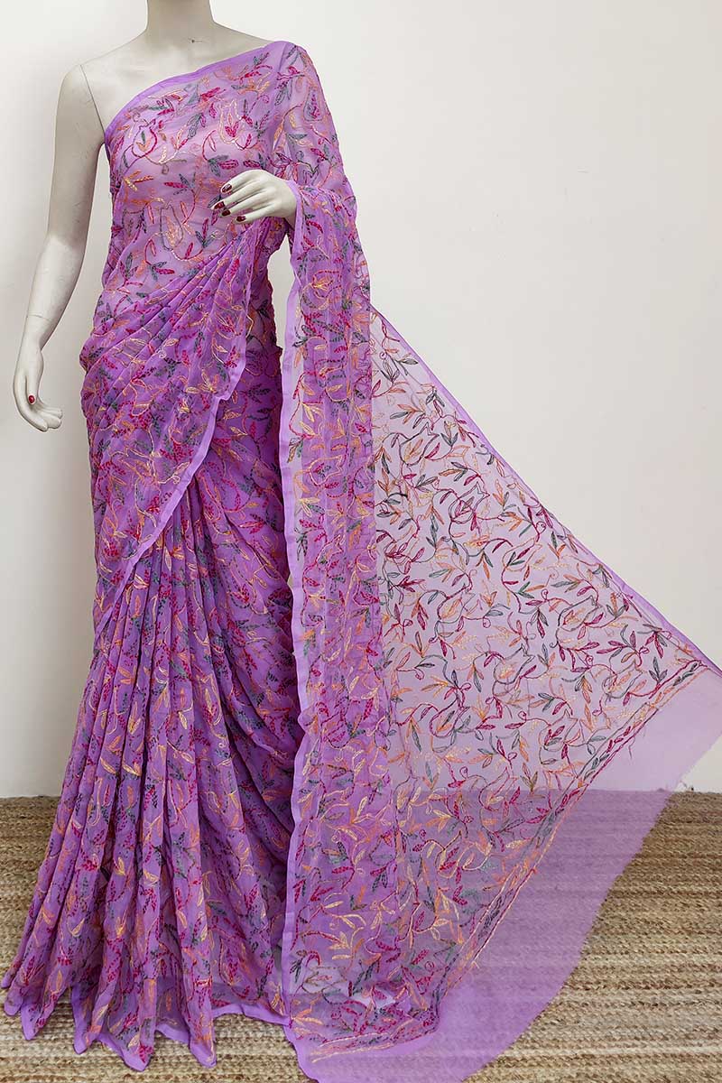 Onion Color Allover Multithread Tepchi Work Hand Embroidered Lucknowi Chikankari Saree (With Blouse) MC253011