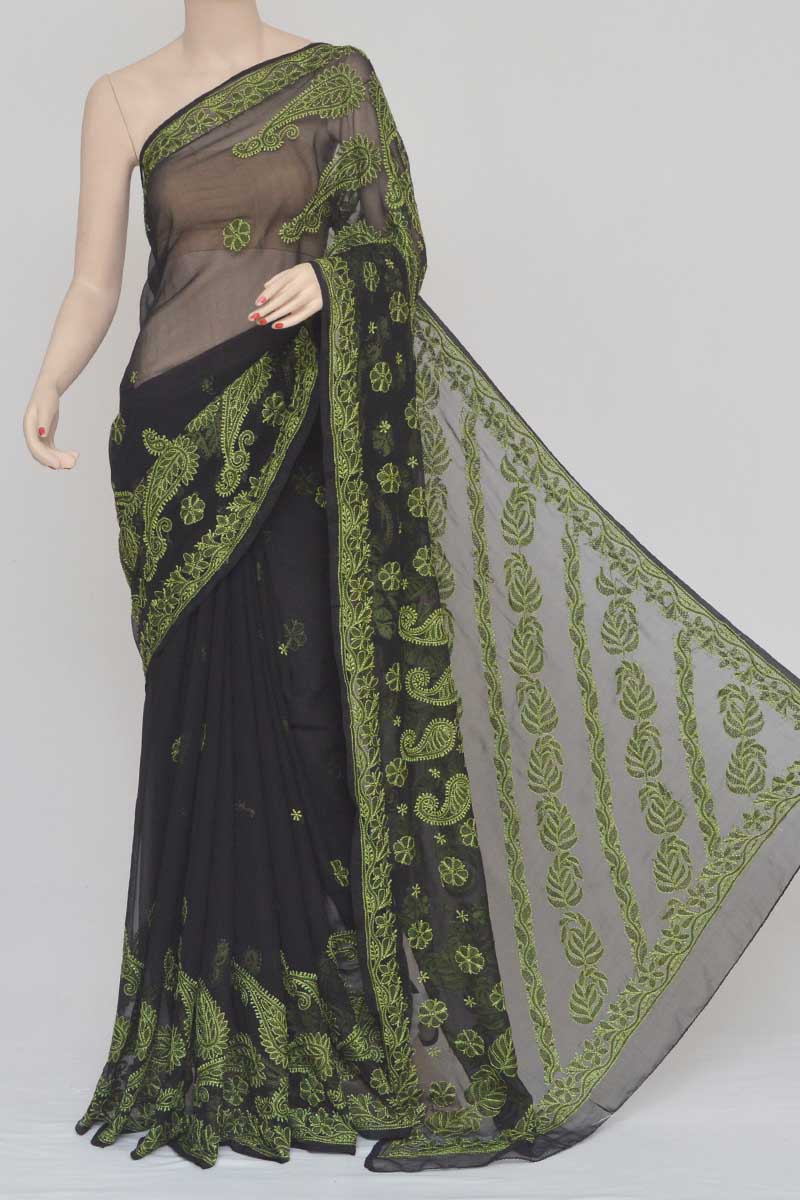 Black Embroidered Chikankari Georgette Sequins Work Saree - Luxurionworld –  Luxurion World