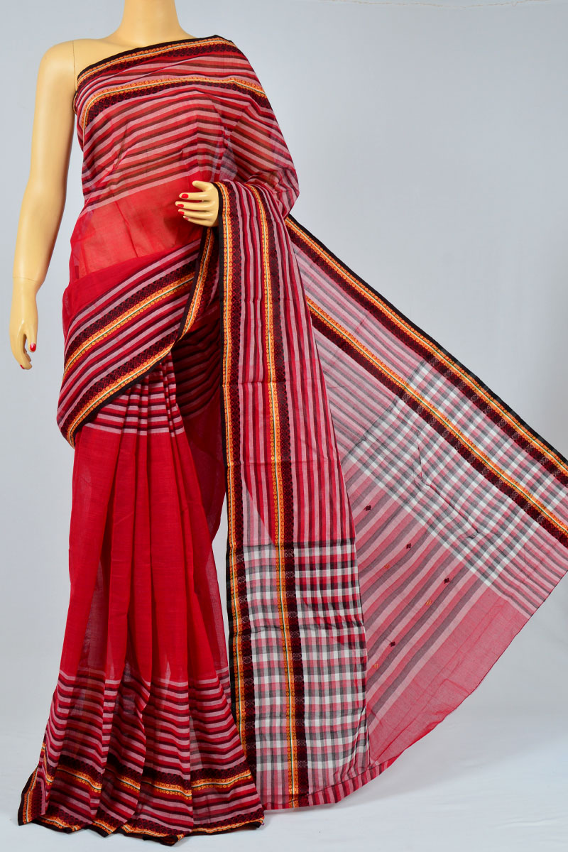 Rhubarb Red Color Handwoven Bengal Handloom Pure Cotton Tant Saree (without Blouse) - MC250164