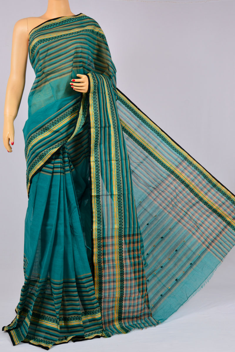 Pine Green Color Handwoven Bengal Handloom Pure Cotton Tant Saree (without Blouse) - KC250167