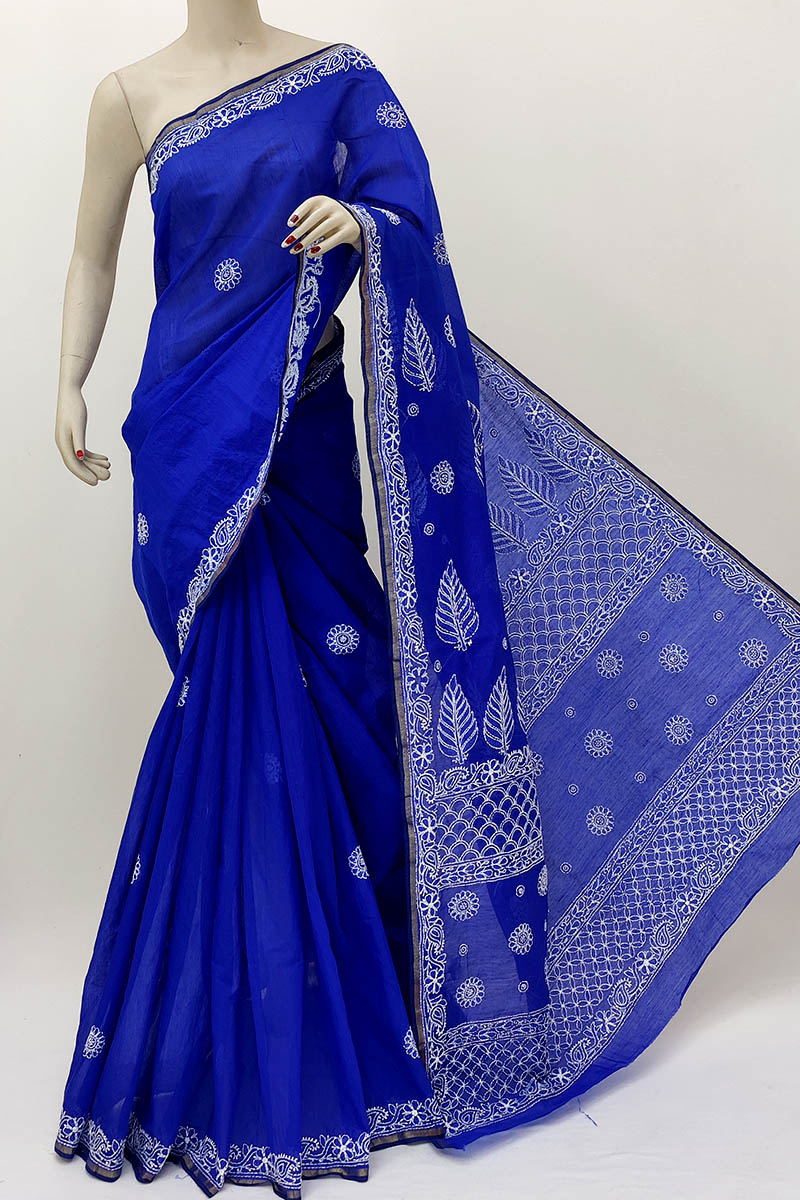 Royal Blue Color Chanderi Cotton Hand Embroidered Lucknowi Chikankari Saree (With Blouse - Chanderi Cotton) MN252118
