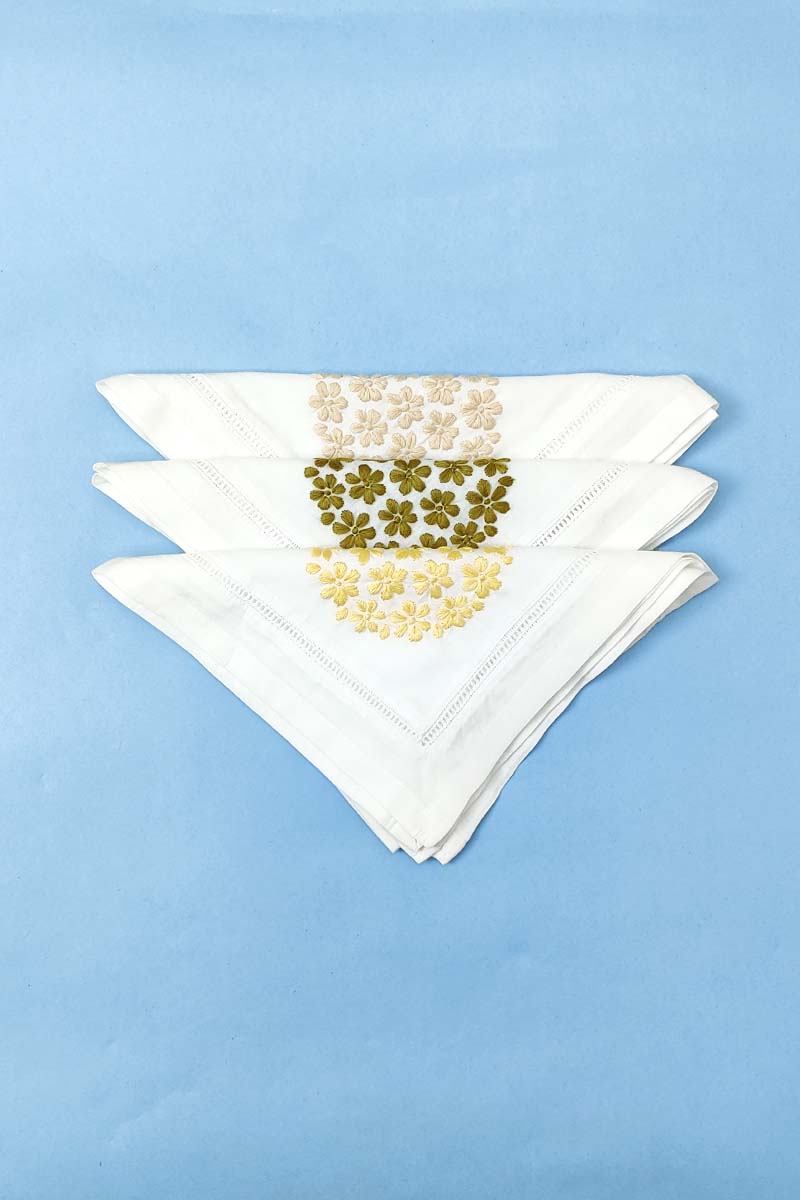 Hand Embroidered White Cotton Lucknowi Chikan Tea Napkin Set  (3-Pieces) - MC251370 MC251371