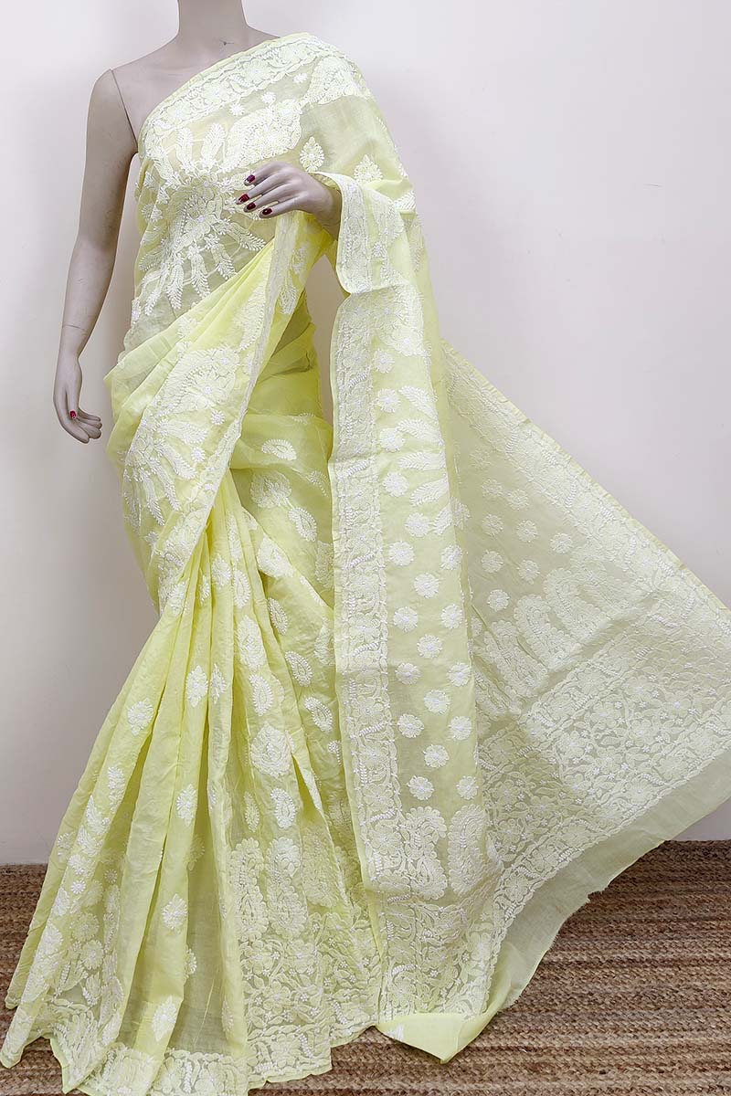 Lemon Color Designer Hand Embroidered Lucknowi Chikankari Saree (With Blouse - Cotton) MC252530
