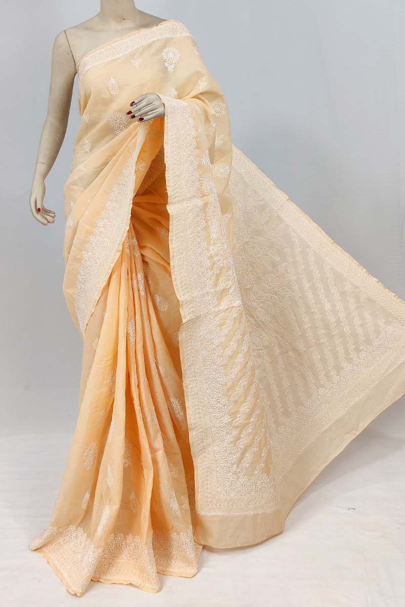 Light Orange Colour Cotton Chikankari Saree With Blouse Mc253120