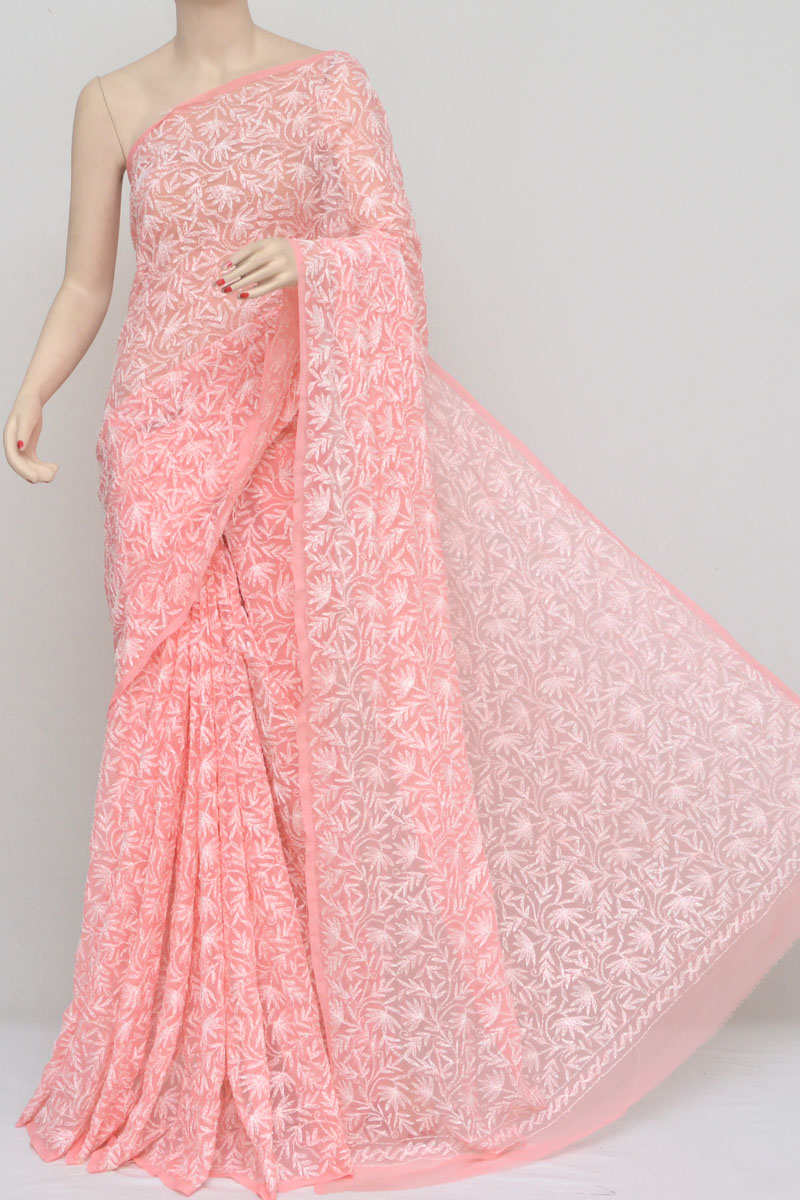 Buy Red Allover Tepchi work Hand-Embroidered Lucknowi Chikankari Faux  Georgette Saree 15185 | www.amgsquare.com