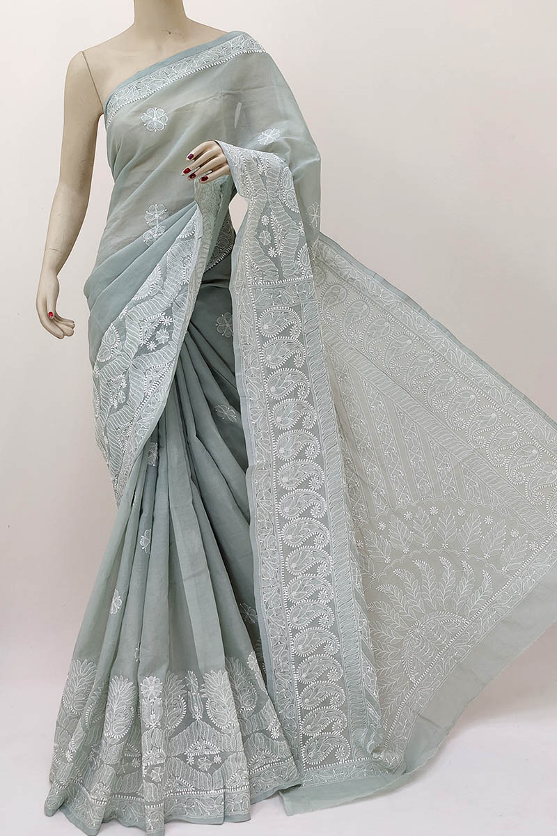 Grey color Hand Embroidered Lucknowi Chikankari Saree (With Blouse - Cotton) MN252124