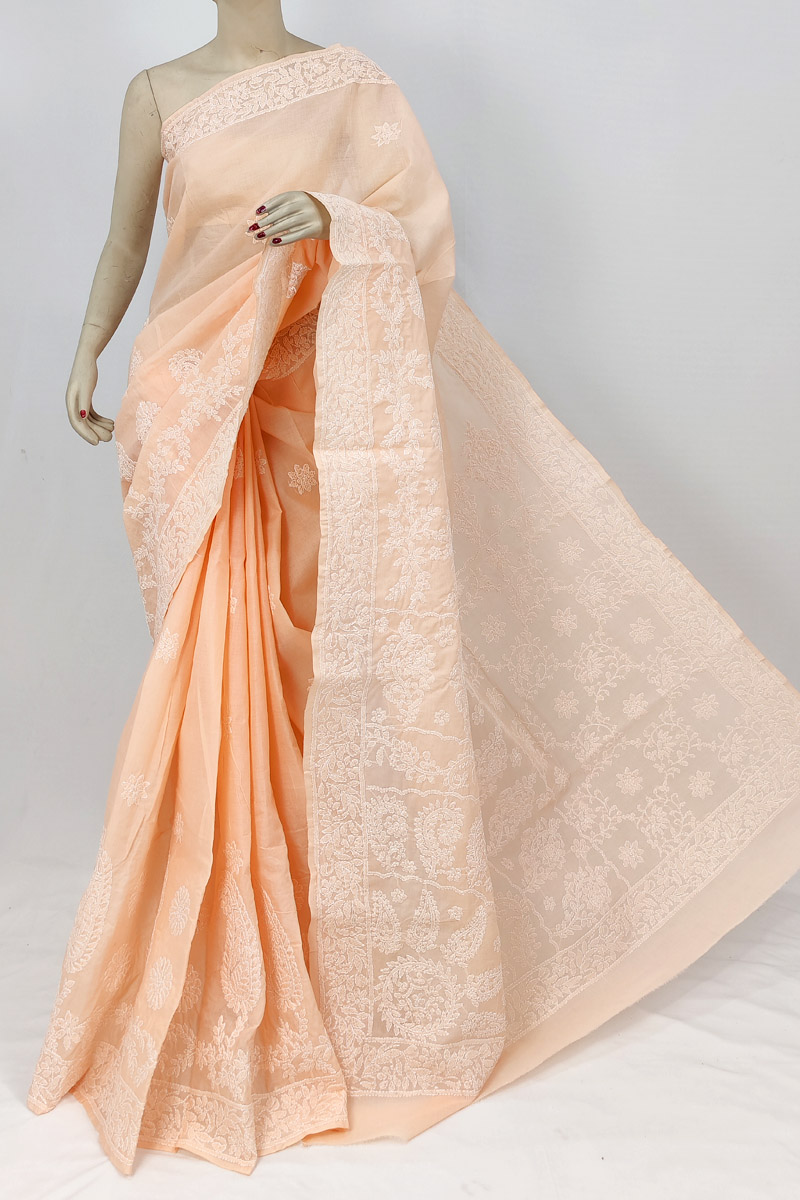 Orange Colour Cotton Chikankari Saree With Blouse Mc253208