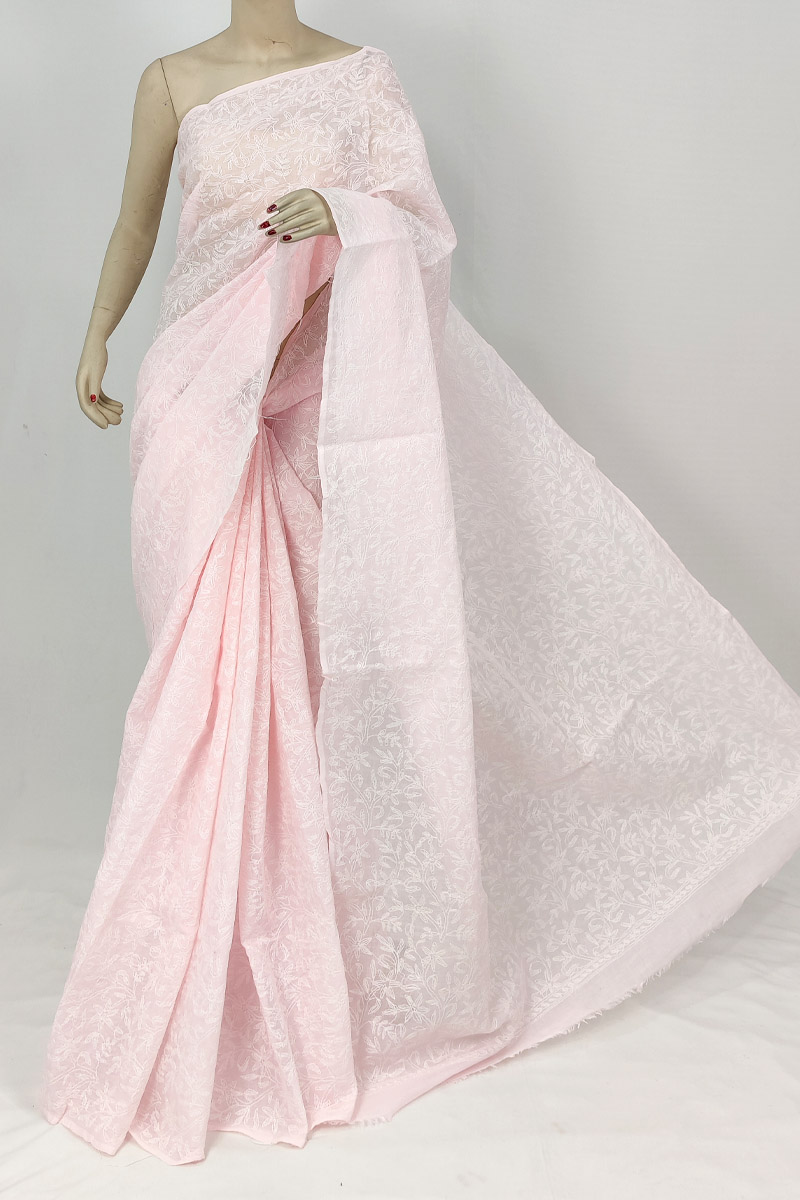 Baby Pink Colour Cotton Tepchi Chikankari Saree With Blouse Mc253209
