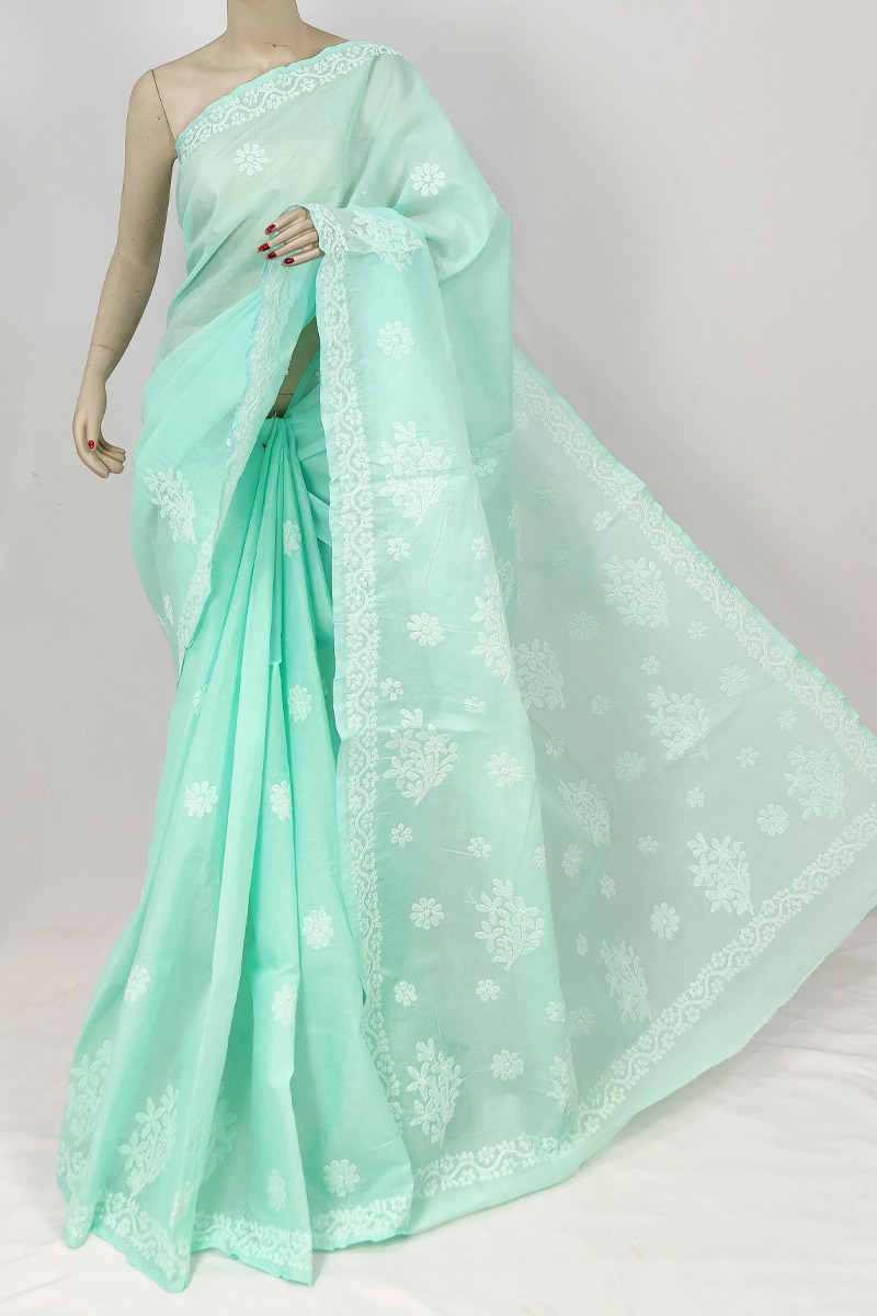 Mint Green Colour Cotton Chikankari Saree With Blouse Mc253210