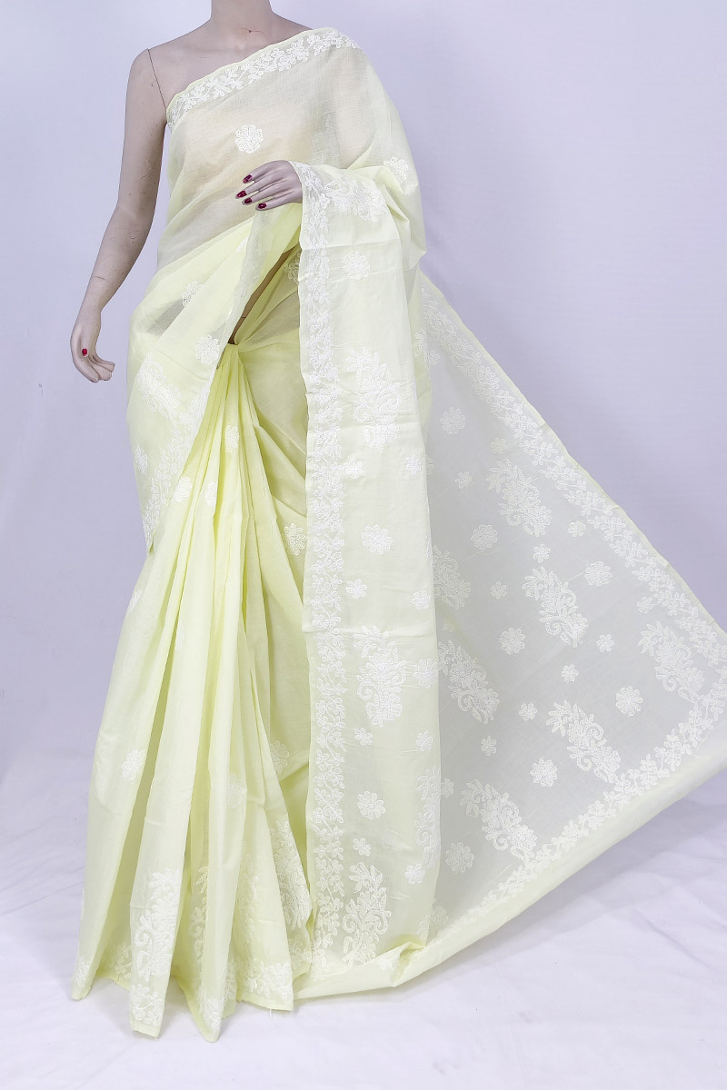 Lemon Green Colour Kota Cotton Chikankari Saree With Blouse Mc253203