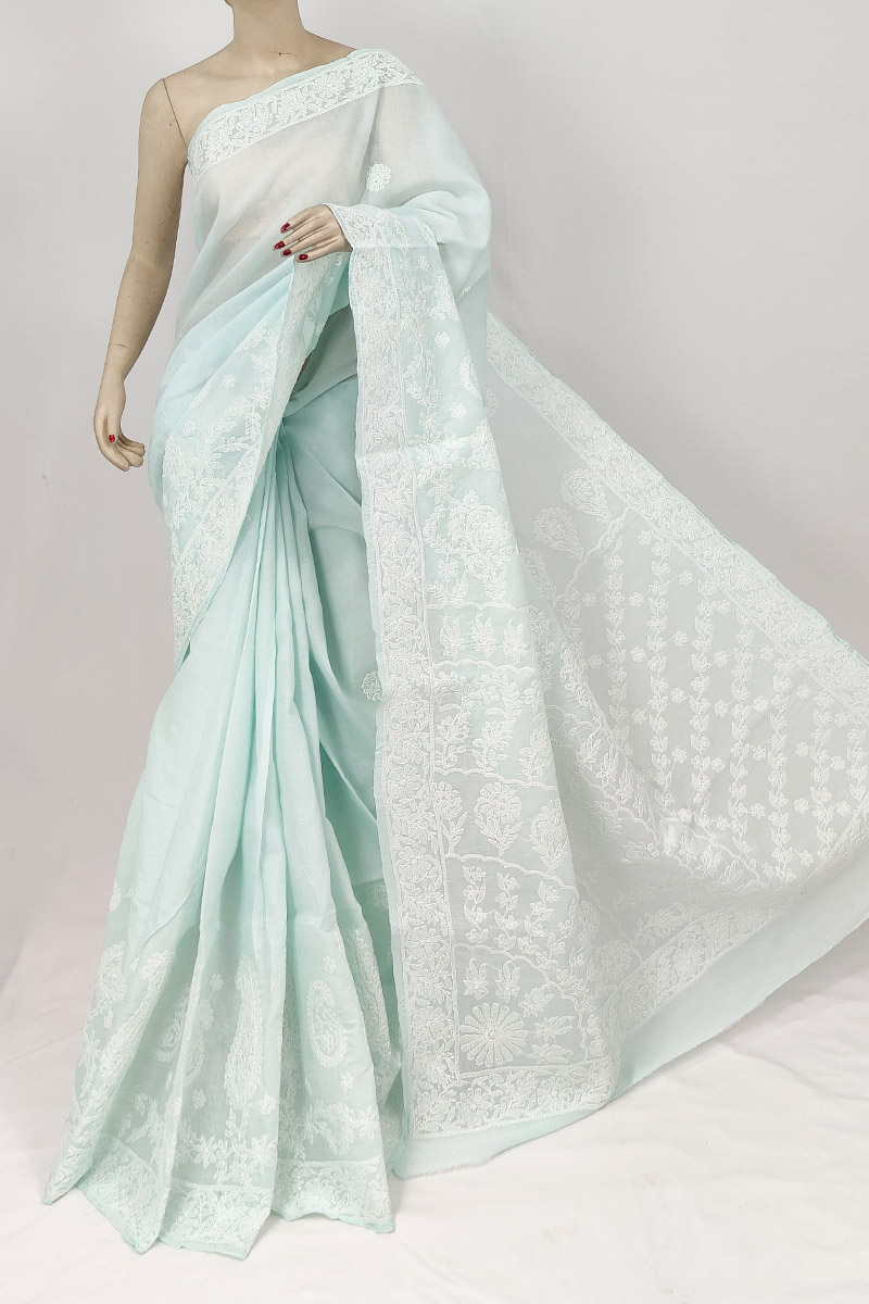 Mint Green Colour Cotton Chikankari Saree With Blouse Mc253204