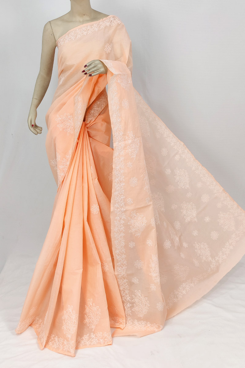 Orange Colour Cotton Chikankari Saree With Blouse Mc253205