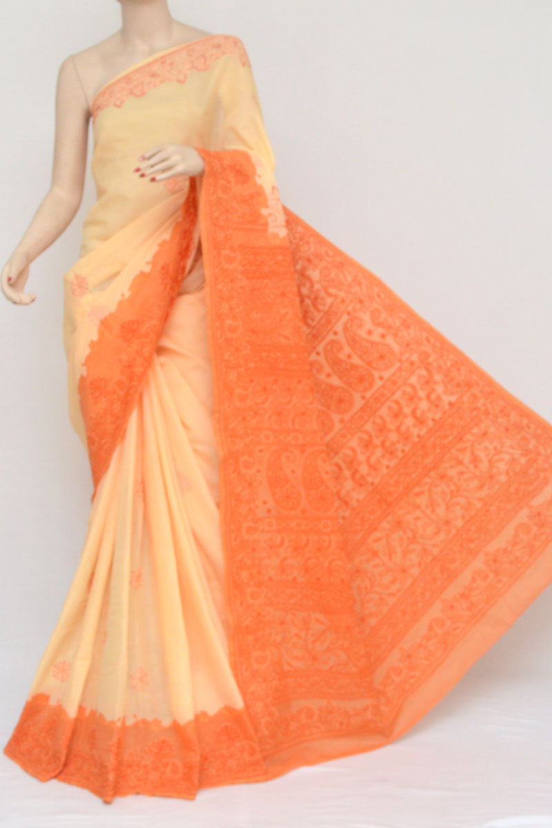Orange Color Cotton Daraz Work Hand Embroidered Lucknowi Chikankari Saree (With Blouse - Cotton) MC250972