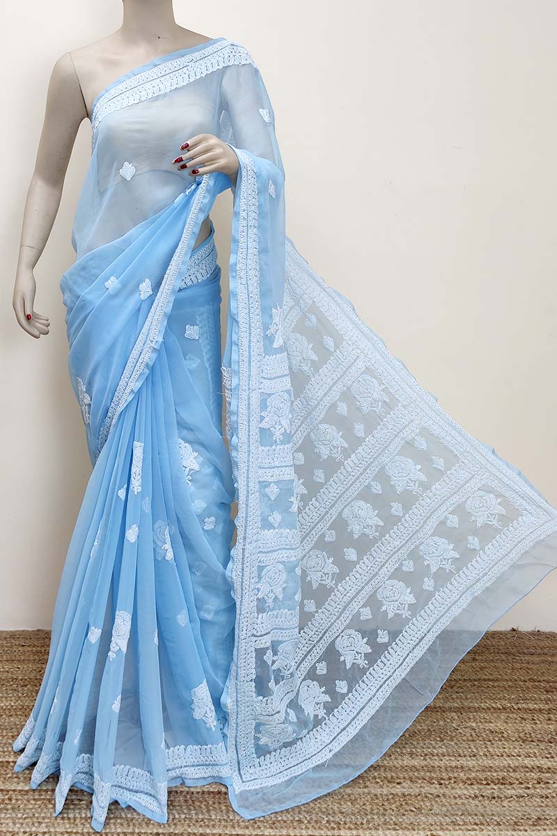 Blue color Designer Hand Embroidered Lucknowi Chikankari Saree (With Blouse - Georgette) MC252844