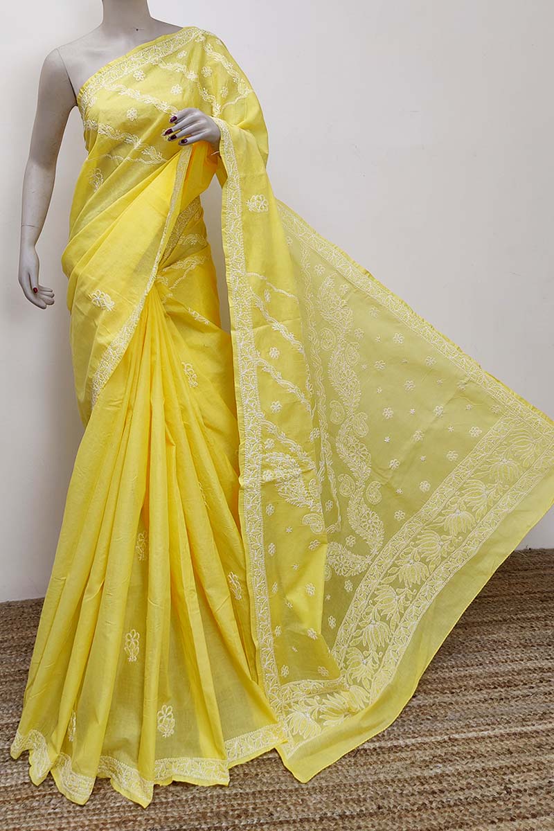 Yellow Color Hand Embroidered Cotton Lucknowi Chikankari Saree (with Blouse) MC252845