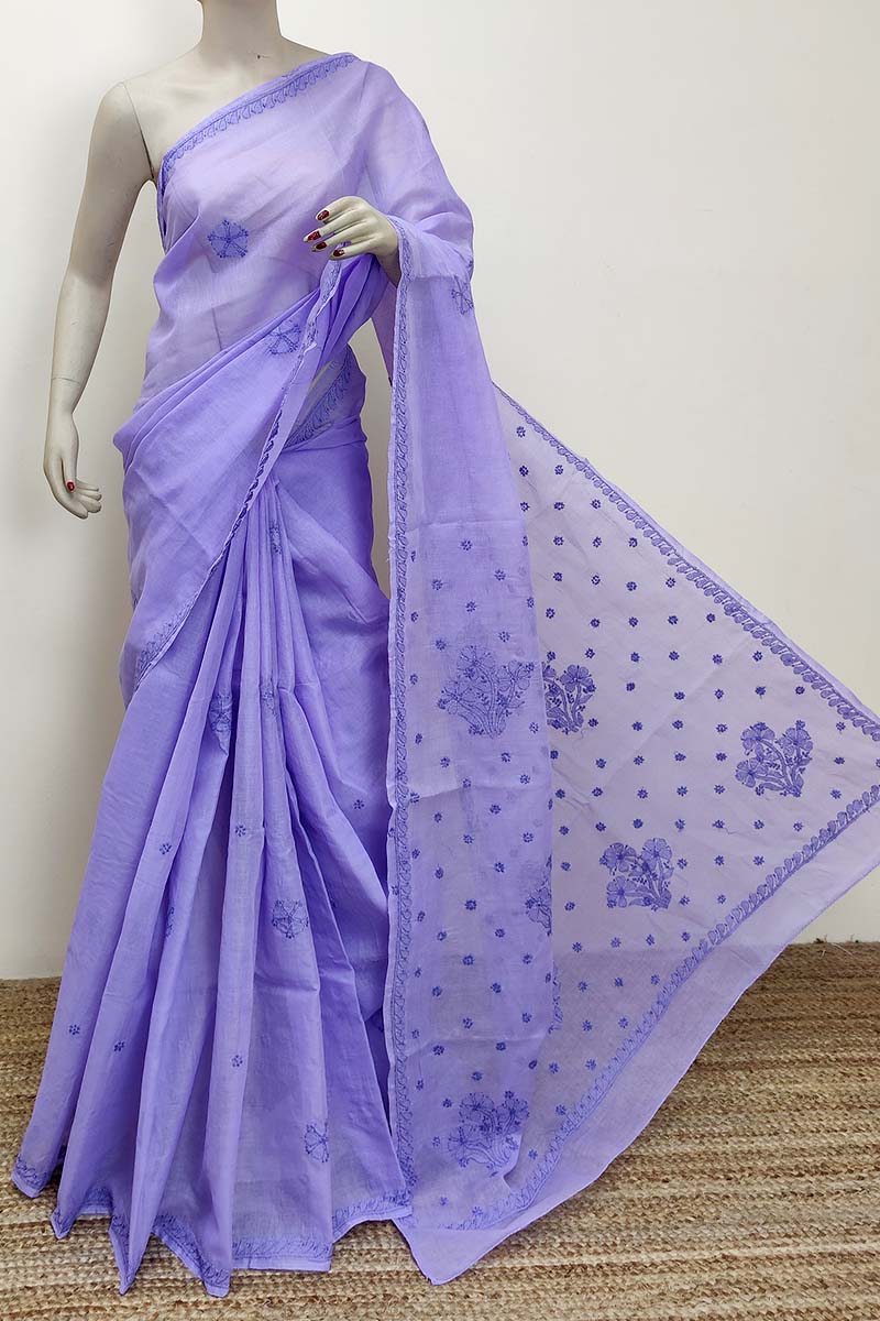 Lavender Color Hand Embroidered Cotton Lucknowi Chikankari Saree (with Blouse) MC252846