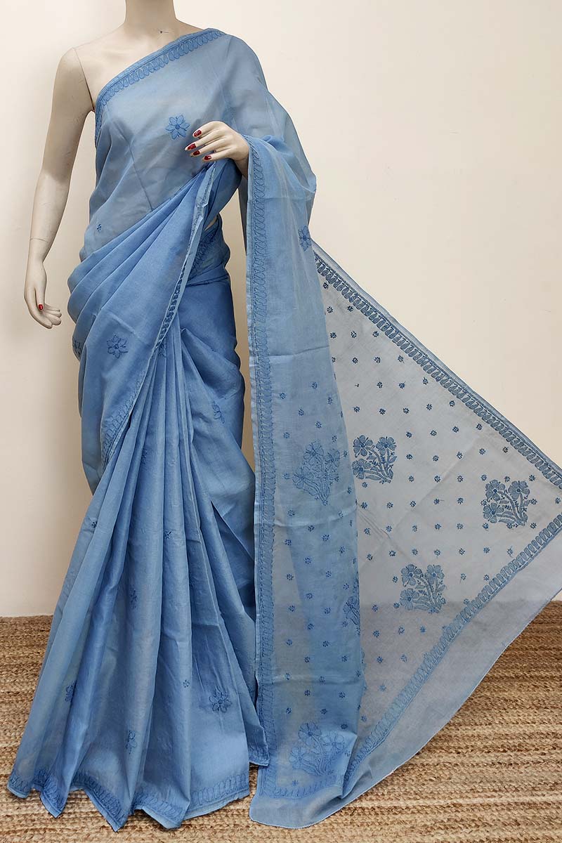 Grey Color Hand Embroidered Cotton Lucknowi Chikankari Saree (with Blouse) MC252849