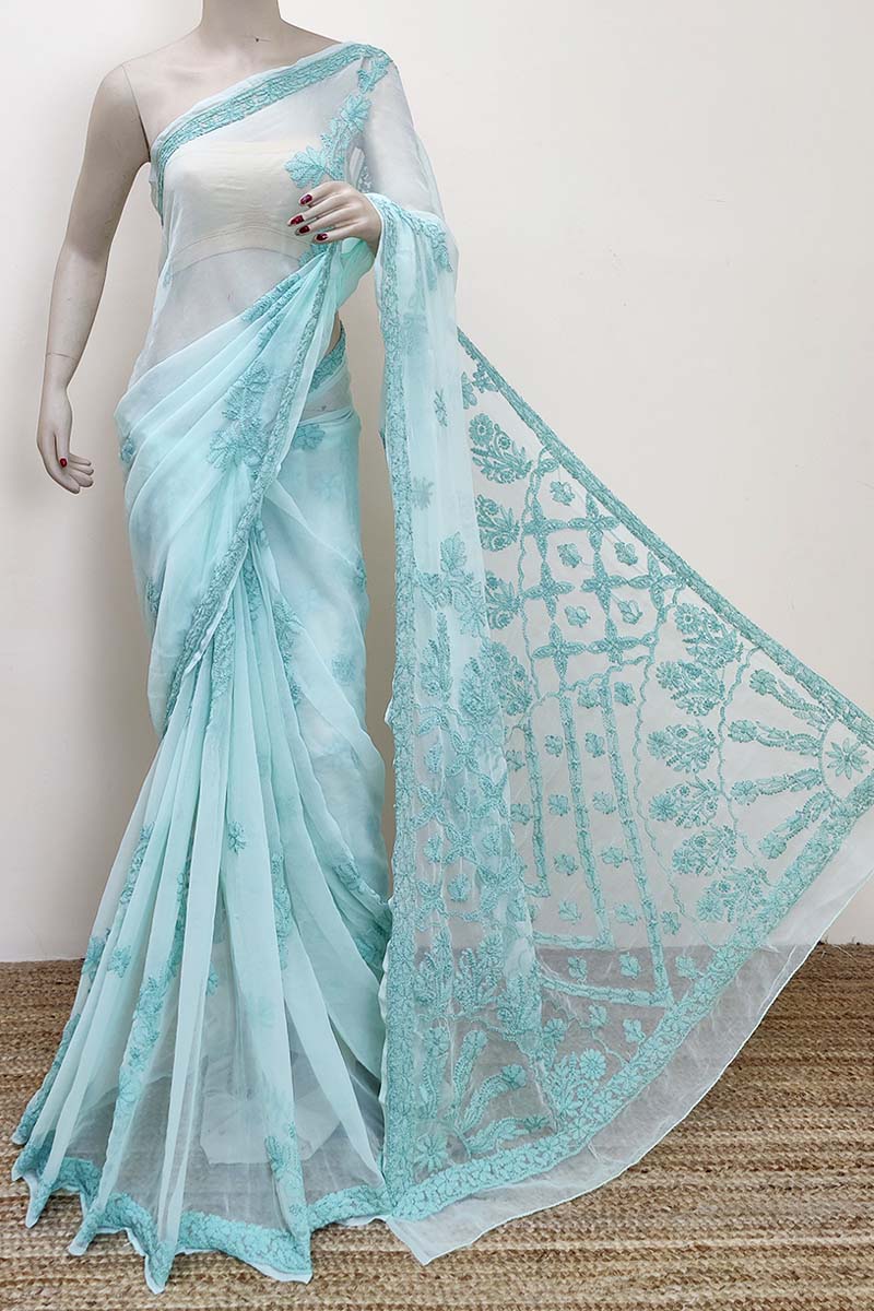 Mint Green color Designer Hand Embroidered Lucknowi Chikankari Saree (With Blouse - Georgette) MC252850