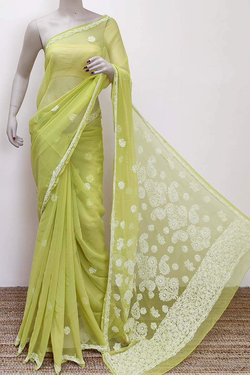 Green colour Designer Hand Embroidered Georgette Lucknowi Chikankari (Saree with Blouse) MC252852