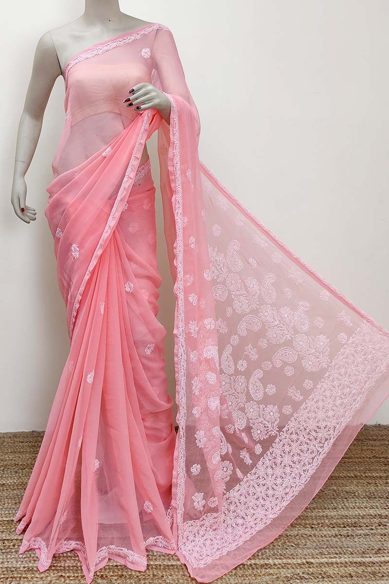 Peach colour Designer Hand Embroidered Georgette Lucknowi Chikankari (Saree with Blouse) MC252854