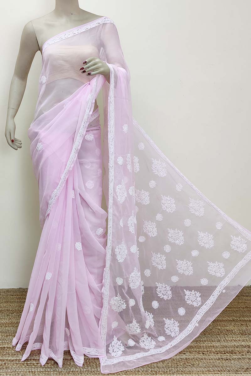 Pink colour Designer Hand Embroidered Georgette Lucknowi Chikankari (Saree with Blouse) MC252855