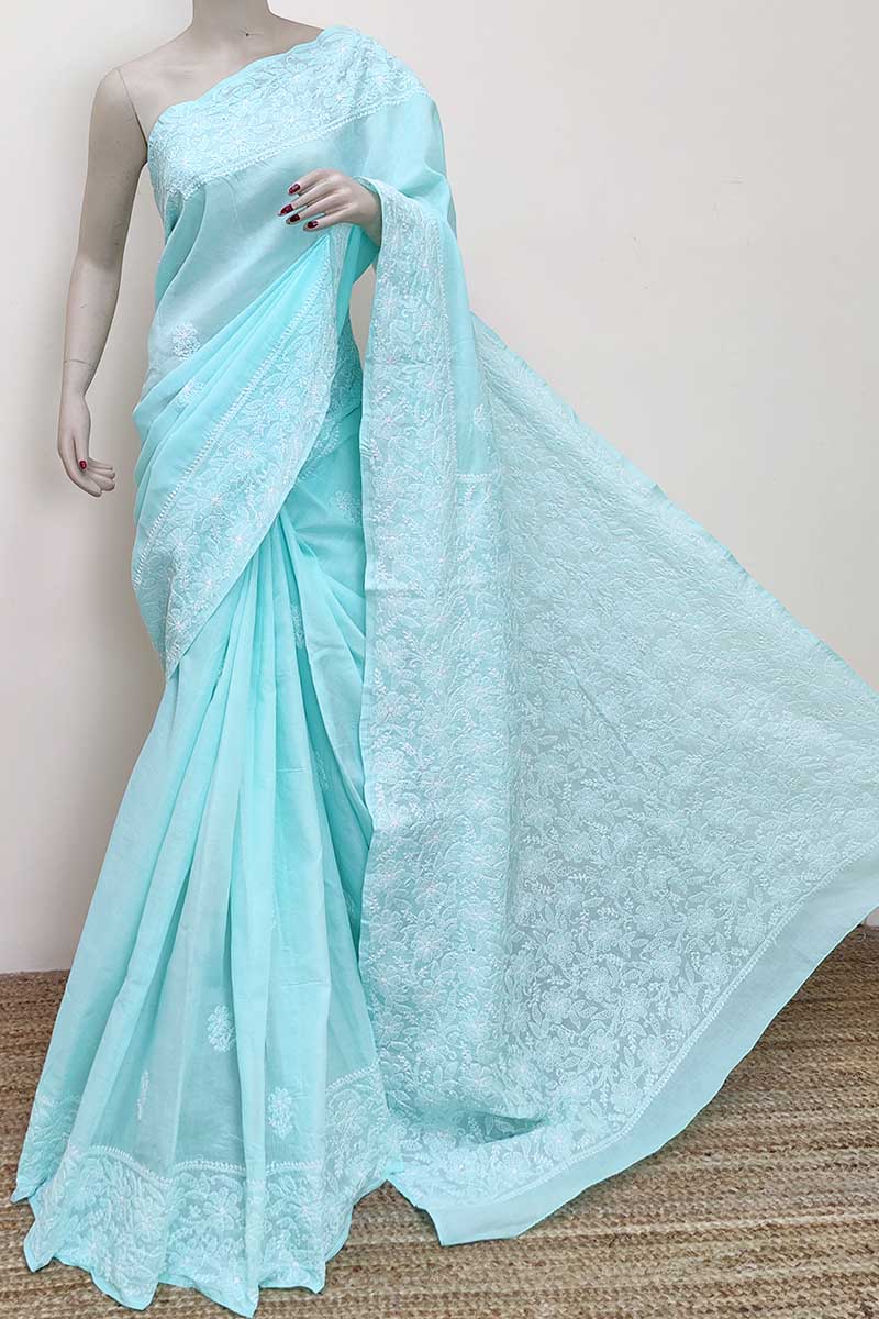 Sea green Color Hand Embroidered Cotton Lucknowi Chikankari Saree (with Blouse) MC252968