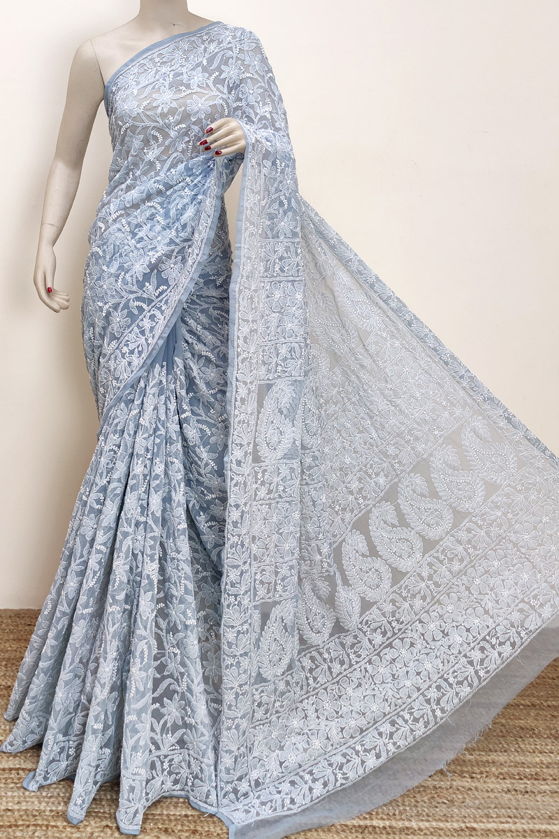 Grey Colour Georgette Allover Lucknowi Chikankari (Saree with Blouse) MC252971